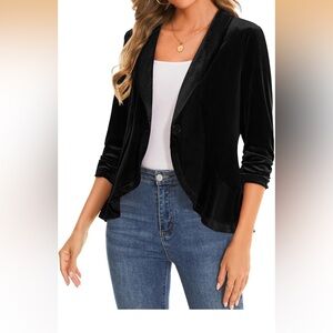 Women's Black Velvet Single-Button Open Blazer